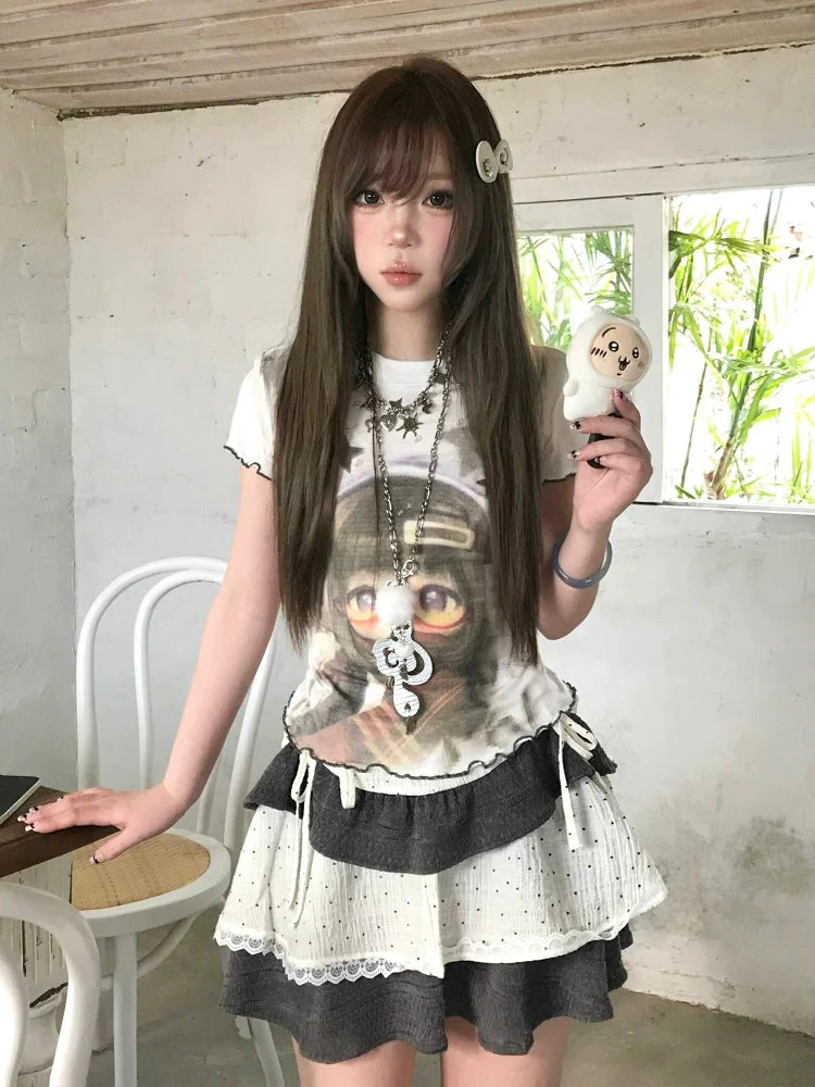 Vintage Y2K White Ruffle Tee