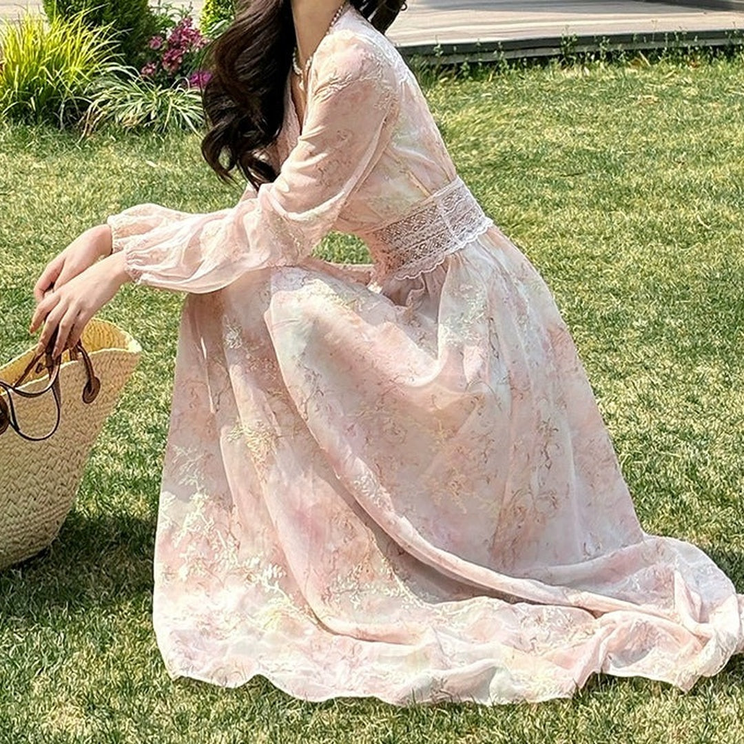 Embroidered Lace Floral Pink Gown Dress