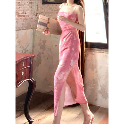 Modern Chinese Floral Texture Spaghetti Strap Gown Dress – Summer National Style Dress