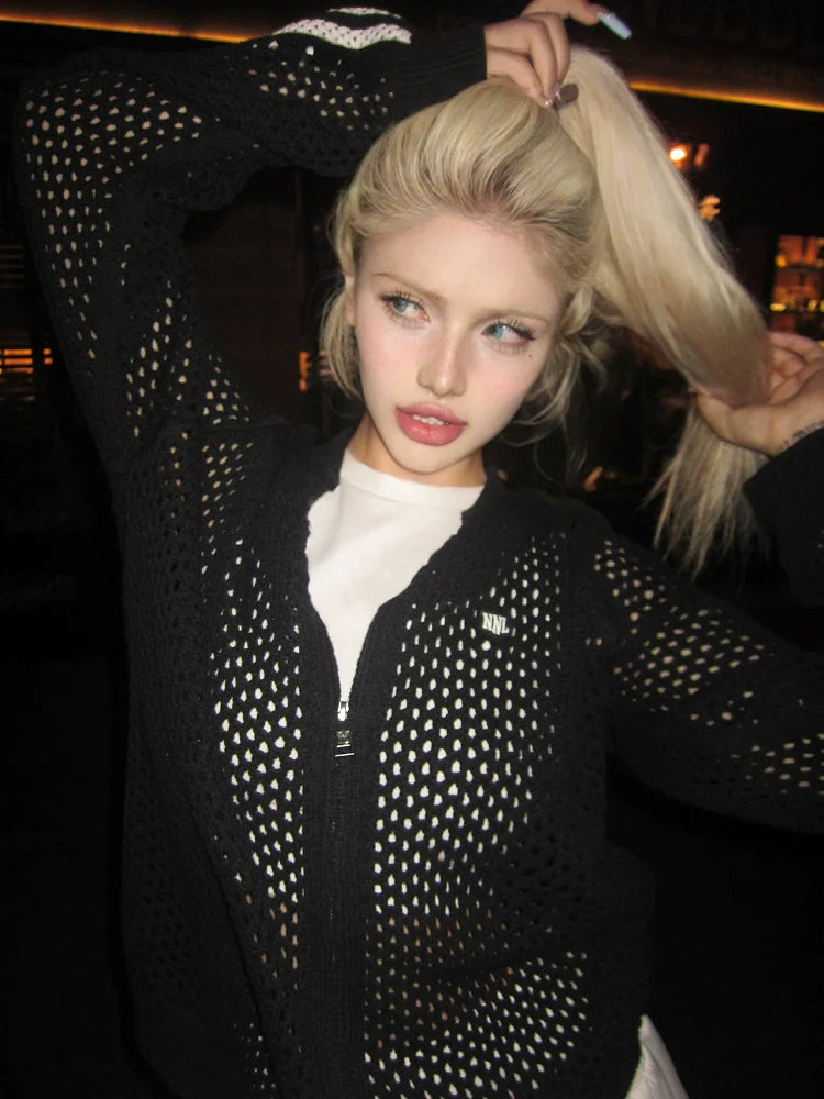 American Black Hollow Knit Jacket Sports Sun-Proof Lightweight Top