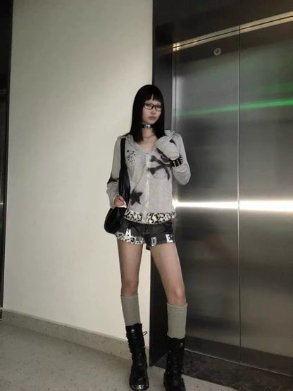 Gray Remake Hoodie Jacket Subculture Punk Y2K E-girl Bunny Ear Skull & Leopard Star Autumn/Winter Jacket