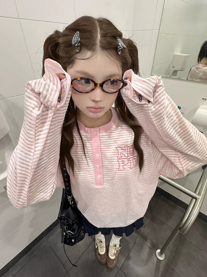 Pink Striped Henley Long Sleeve Loose T Shirt Summer Top