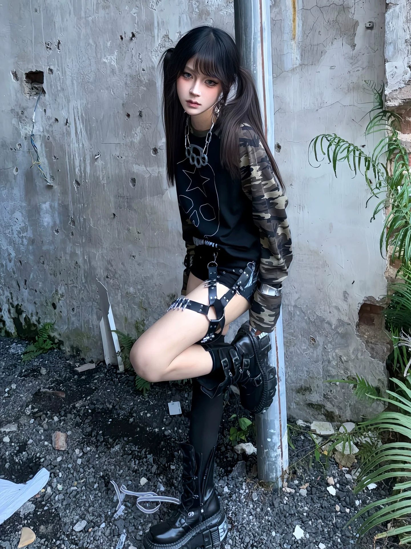 Y2K Camo Skull Long Sleeve Tee Vintage Millennium Alt Top