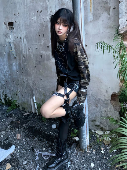 Y2K Camo Skull Long Sleeve Tee Vintage Millennium Alt Top