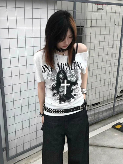 White Off-Shoulder Subculture Punk Y2K E-girl Light Subculture American Retro Off-Shoulder Short Sleeve Top
