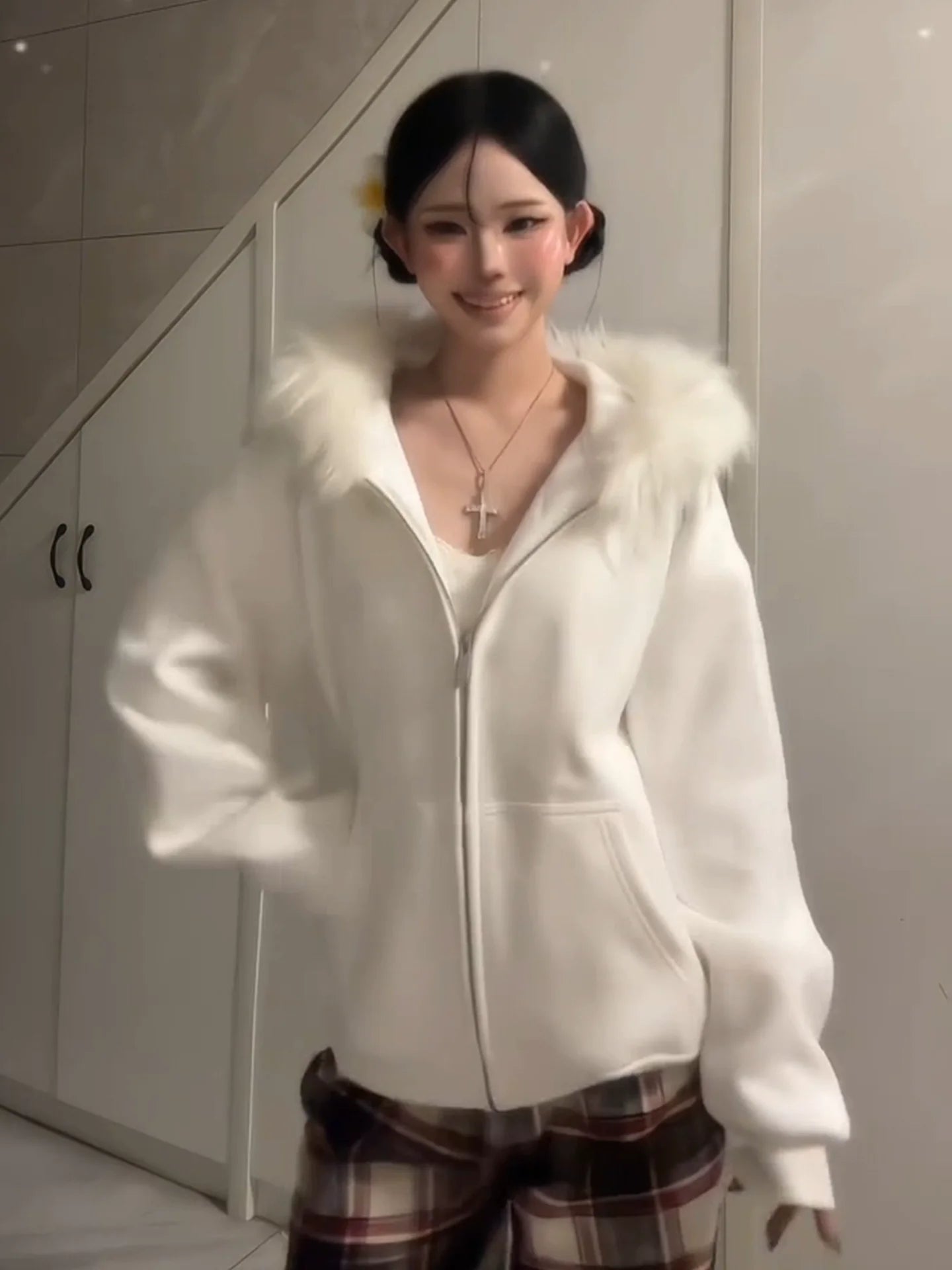 American Vintage Zip-Up Hoodie Fur Collar Heavyweight Outerwear