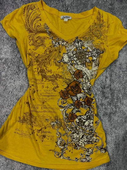 Yellow Baroque Rose Print V-Neck Y2K T-Shirt