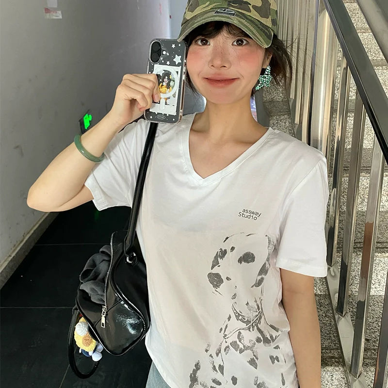 American Dalmatian Print V-Neck Tee White Loose Summer Top