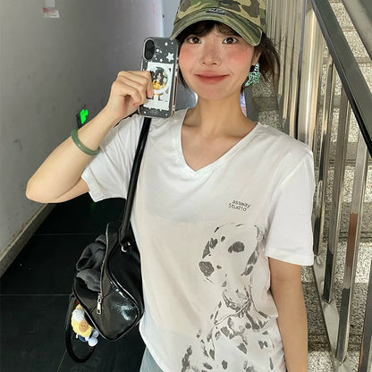 American Dalmatian Print V-Neck Tee White Loose Summer Top