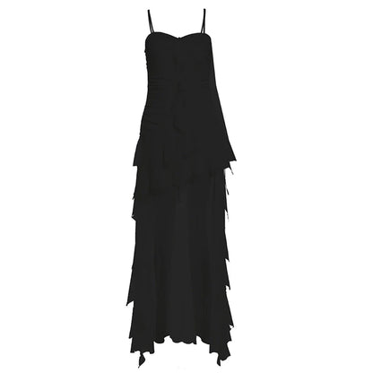 French Fairycore Ruffle-Paneled Camisole Asymmetrical Midi Dress