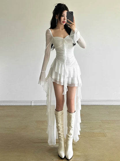 Sweet & Edgy Retro Flowing Square-Neck Tulle Ruched Cinched Waist Asymmetrical Dress