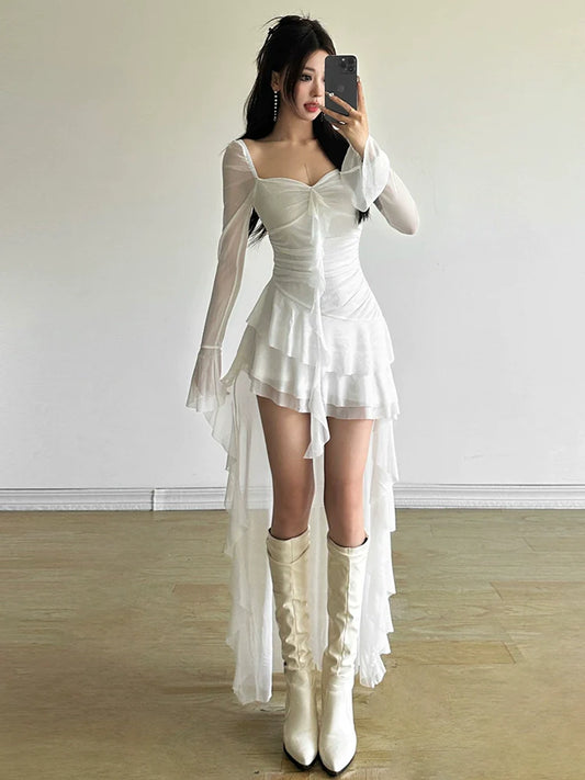 Sweet & Edgy Retro Flowing Square-Neck Tulle Ruched Cinched Waist Asymmetrical Dress