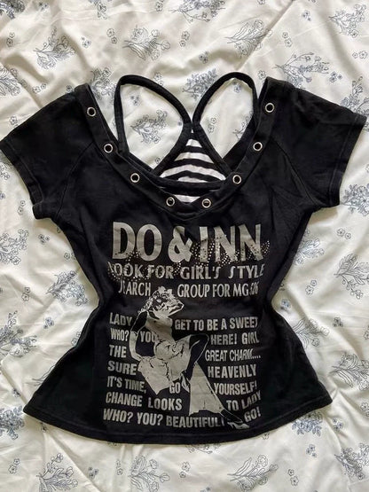 Black Striped V Neck Letter Tee and Cami Y2K Two Pieces Top Set