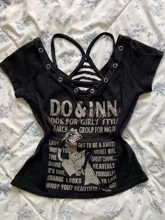 Black Striped V Neck Letter Tee and Cami Y2K Two Pieces Top Set