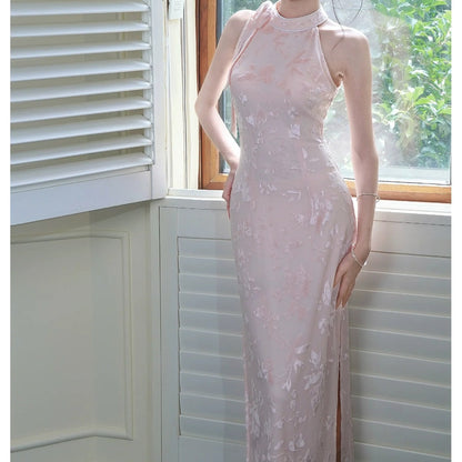 Modern Chinese Pink Jacquard Halter Gown Dress with Slit