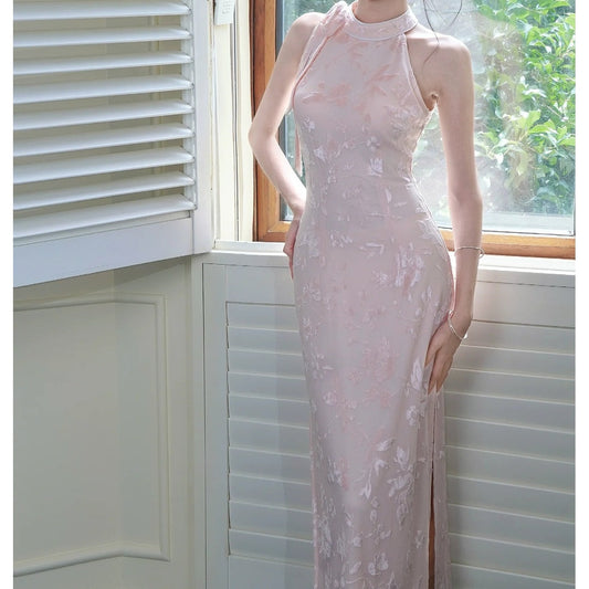 Modern Chinese Pink Jacquard Halter Gown Dress with Slit