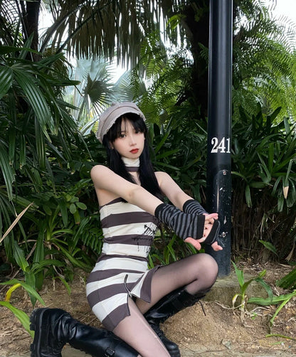 Stripe & Spiderweb Halter Dress Subculture Punk Y2K E-girl Slim Bodycon Dress