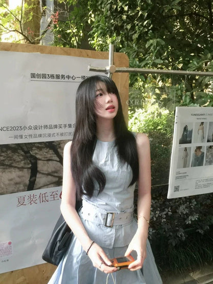 French Blue Sleeveless Tank Dress with Pleated Hem