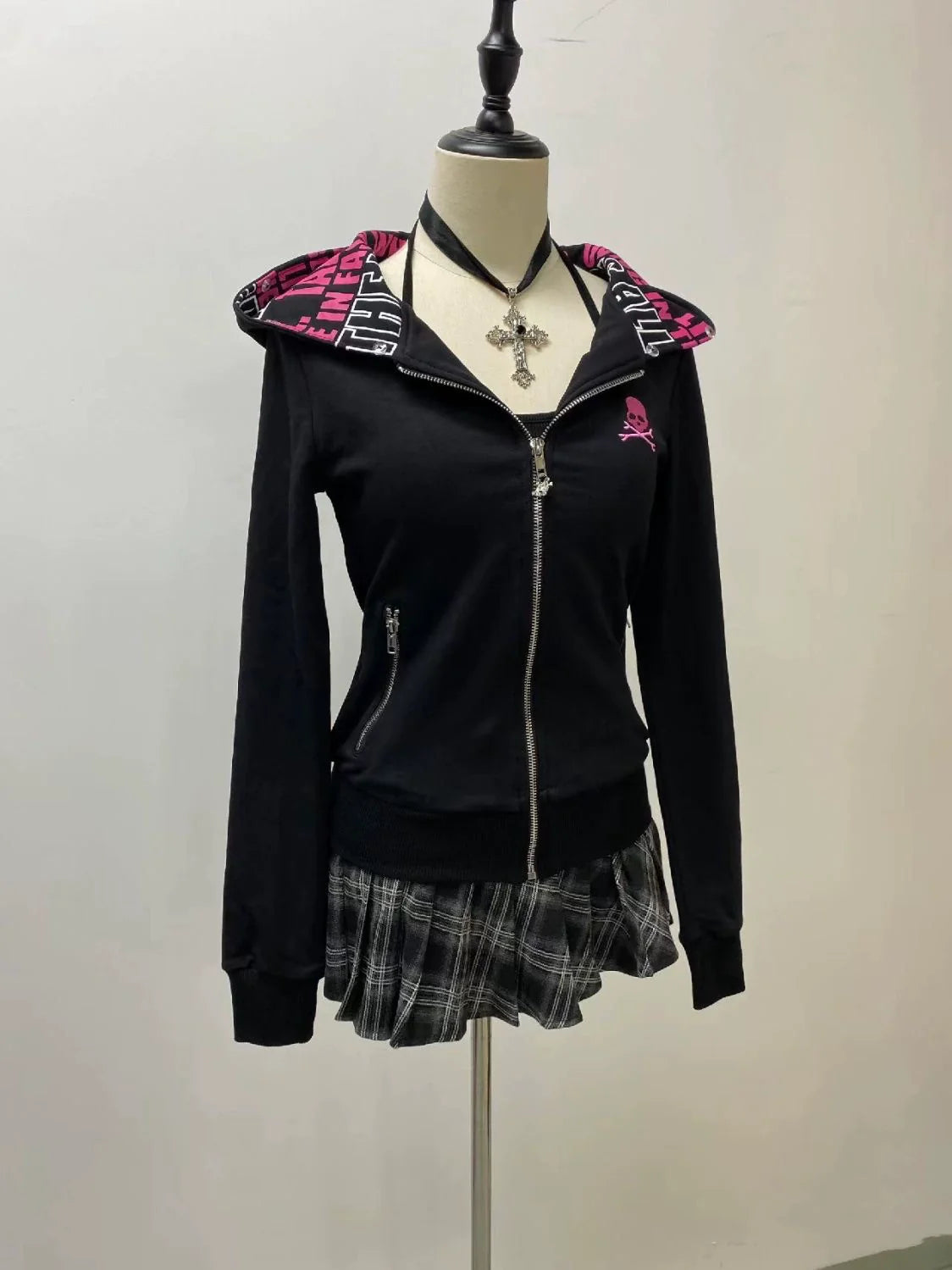 Black Zipper-Pocket Plush Hoodie Jacket Subculture Y2K E-girl Retro Autumn/Winter Niche Design Jacket