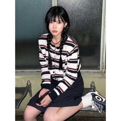 Korean Lazy Stripe Knit Cardigan Vintage College Top