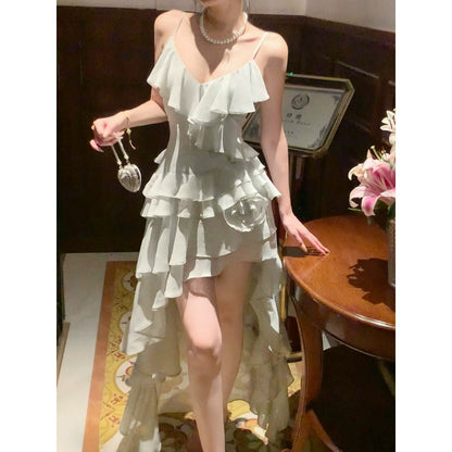 French Ruffle Asymmetrical Floral Resort Gown Dress – Fairy Tale Summer Dress