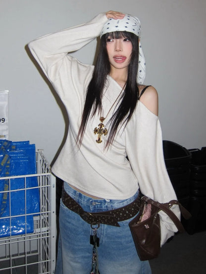 Korean White Asymmetric Long Sleeve Tee Autumn Vintage Slim Fit Off-Shoulder Top