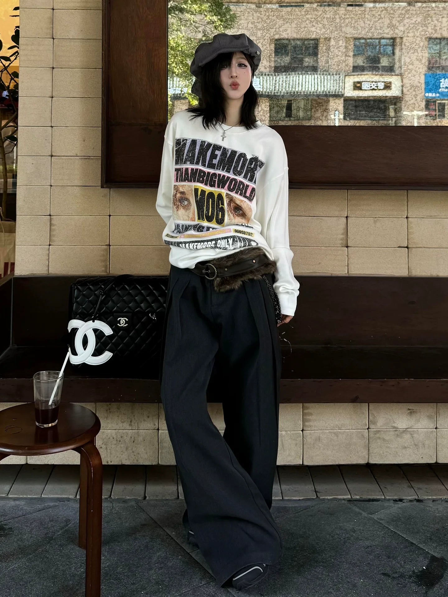 American Street Letter Print Long Sleeve Tee Autumn Round Neck Loose Fit Unisex Top