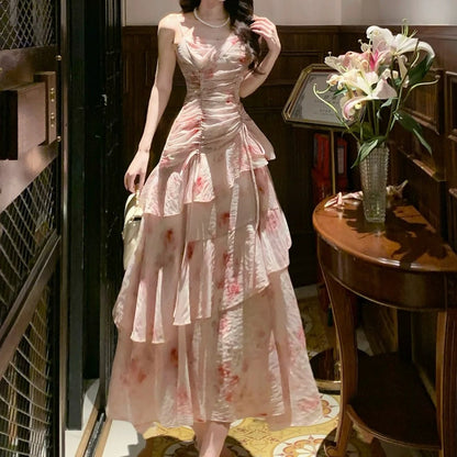 Ruffle Rose Print Spaghetti Strap Gown Dress