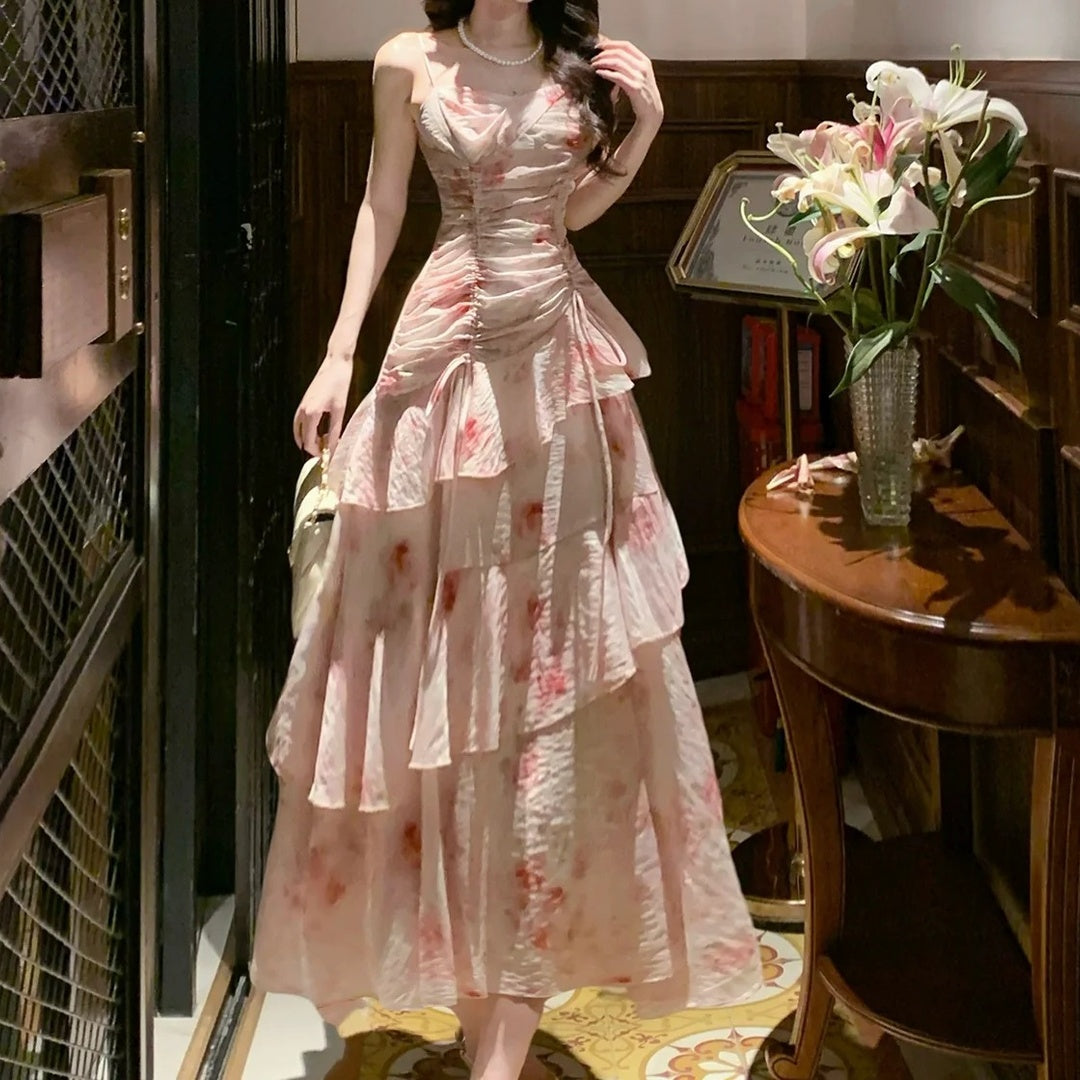 Ruffle Rose Print Spaghetti Strap Gown Dress