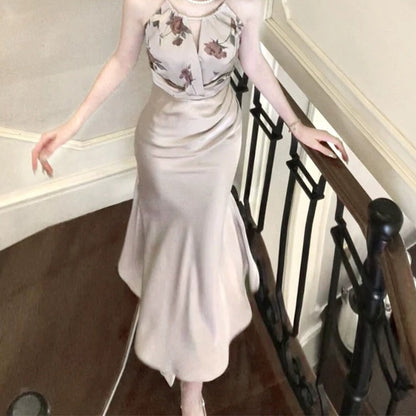 Satin Floral Contrast Mermaid Gown Dress