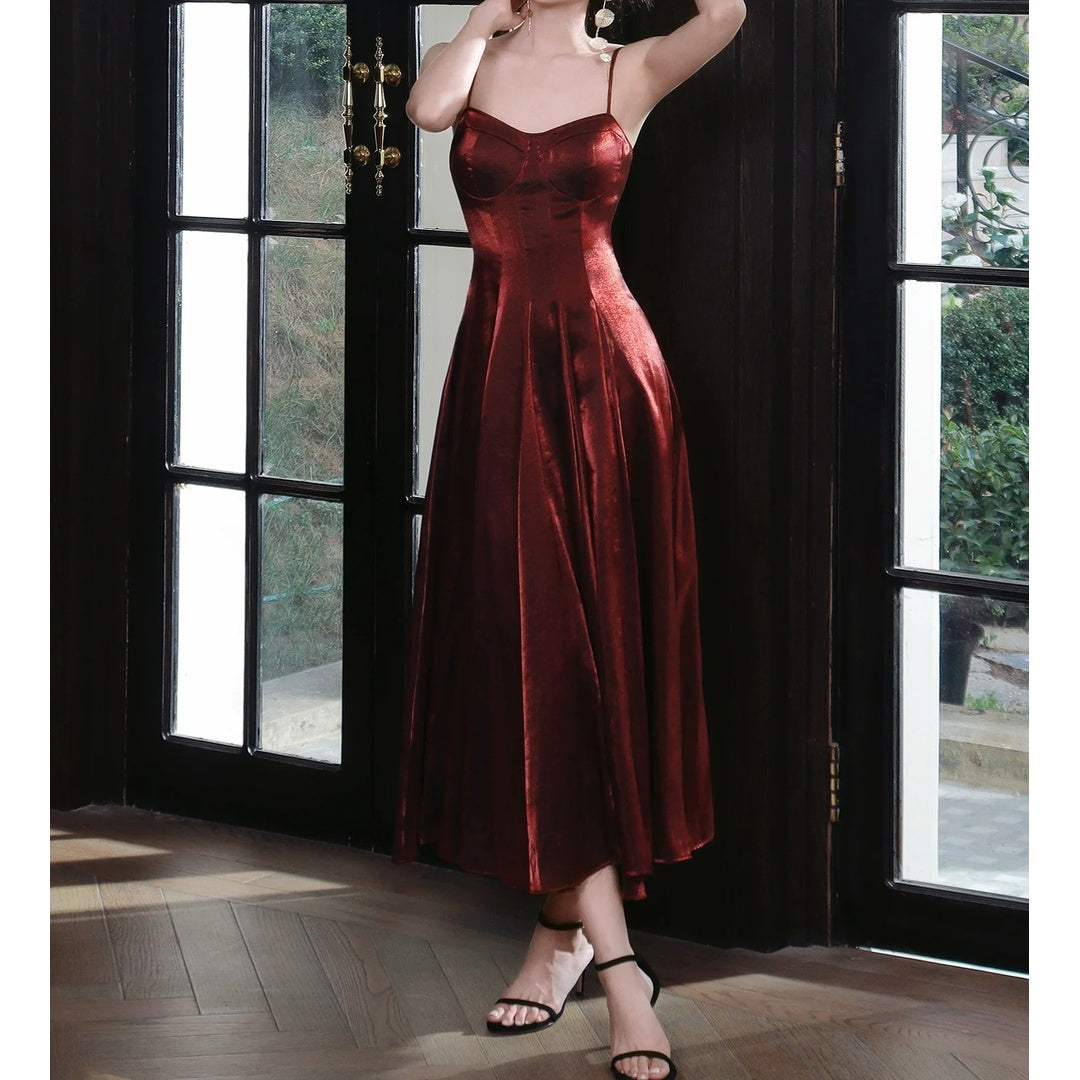 French Red Spaghetti Strap Luxury Gown Dress