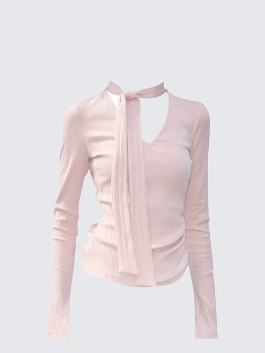 American Sweet Tie V-Neck Long Sleeve Top
