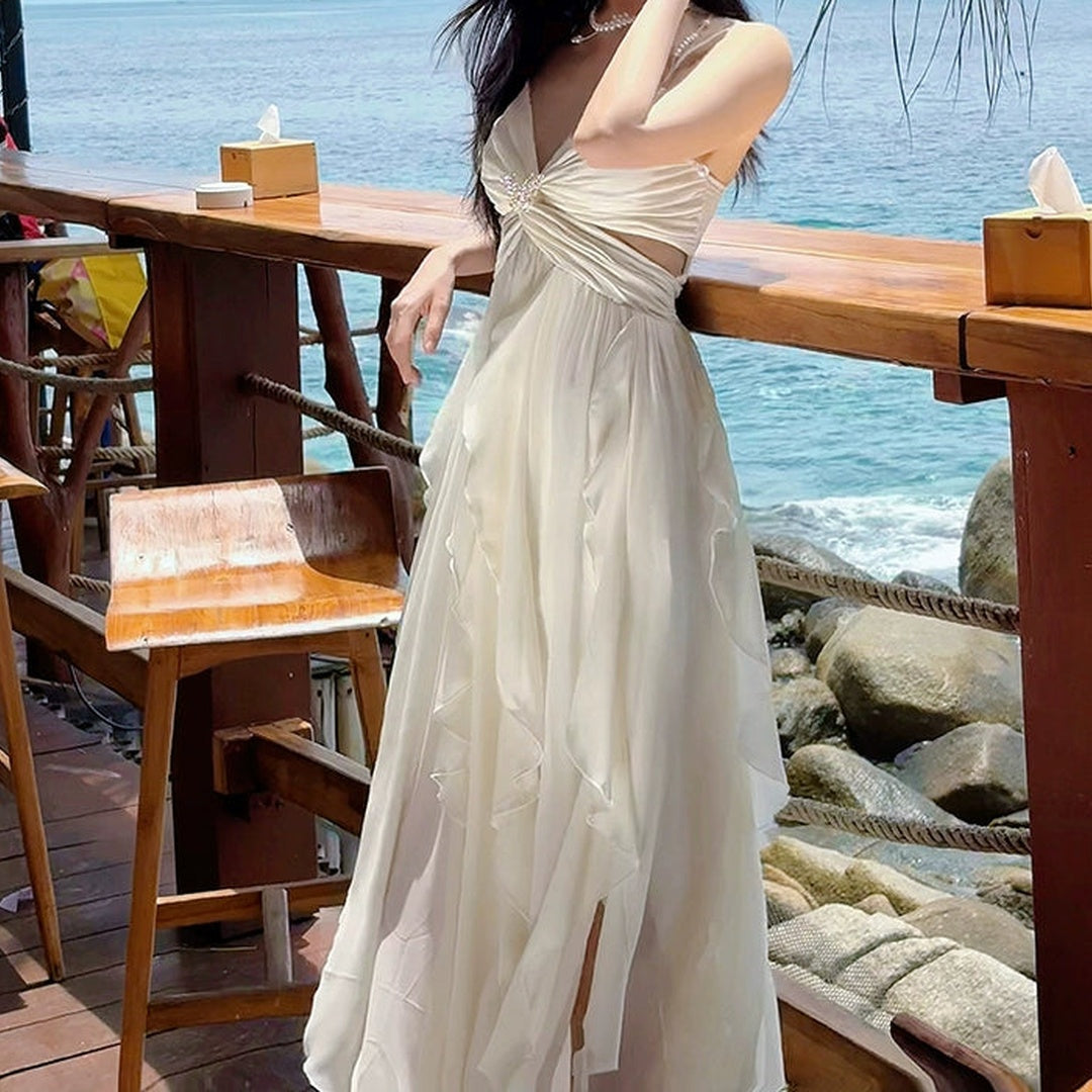 French Ruffle Halter Gown Dress