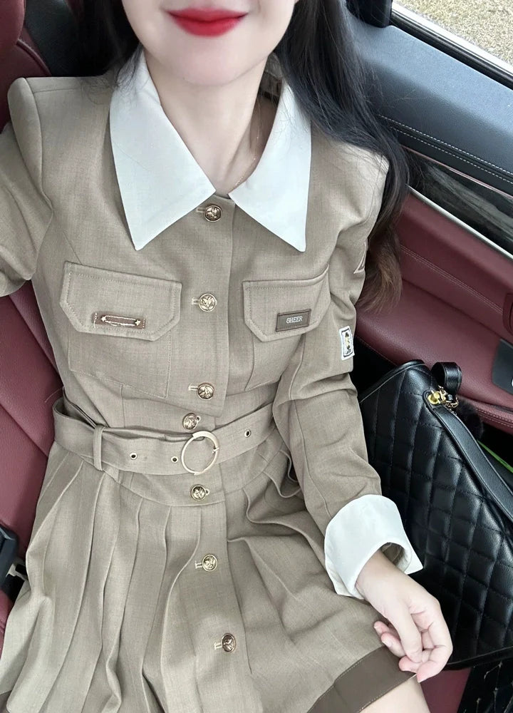 Retro American Badge Collar Pleated Panel Shirt Dress