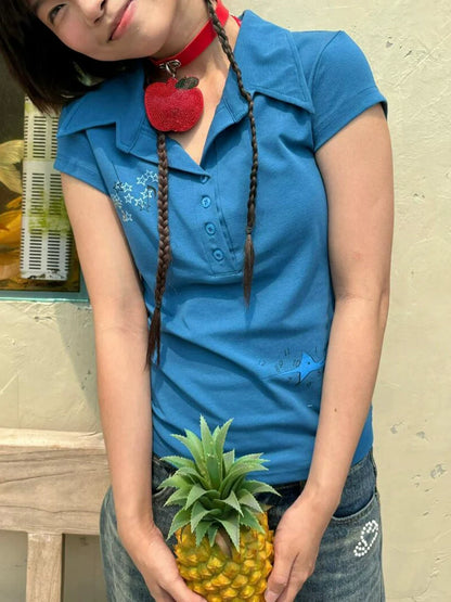 Blue Cropped Polo Shirt Y2K Retro Fitted Short Sleeve Top