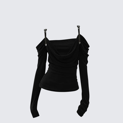 American Edgy Drape Neck Long Sleeve T-Shirt