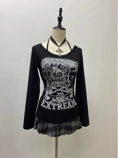 Black Gothic Vintage Print Designer Long Sleeve Y2K T-Shirt