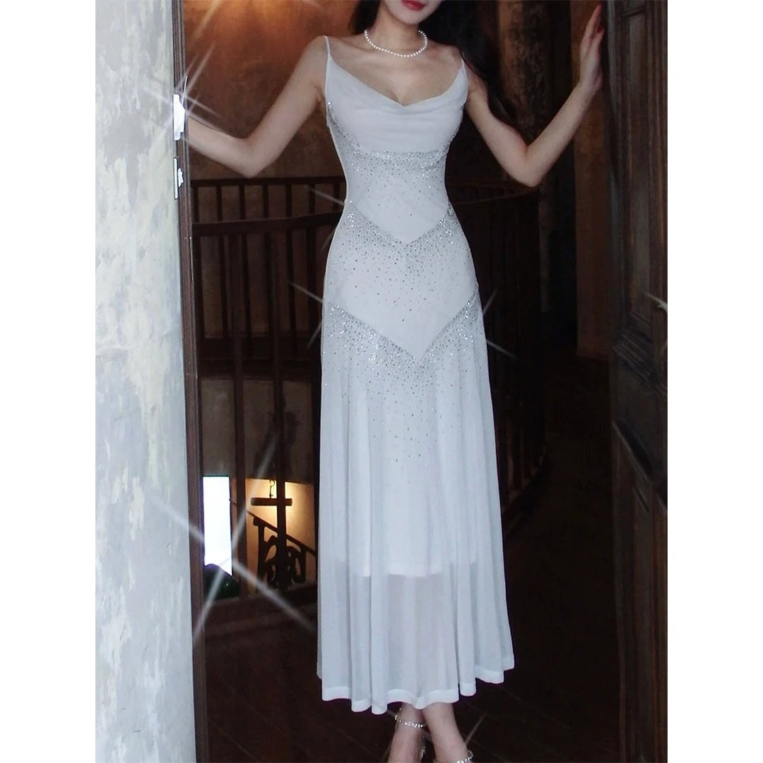 French Luxury Rhinestone Spaghetti Strap Gown Dress