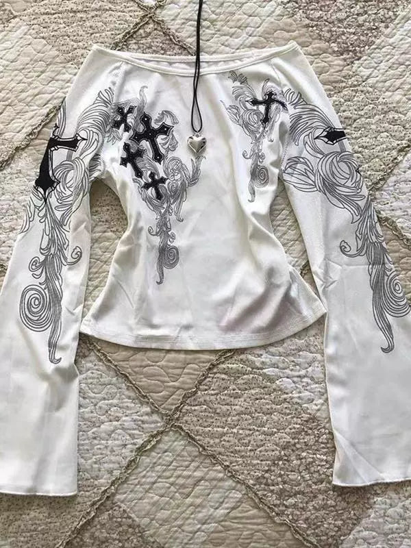 White Off-The-Shoulder Flared Sleeve Print Y2K T-Shirt