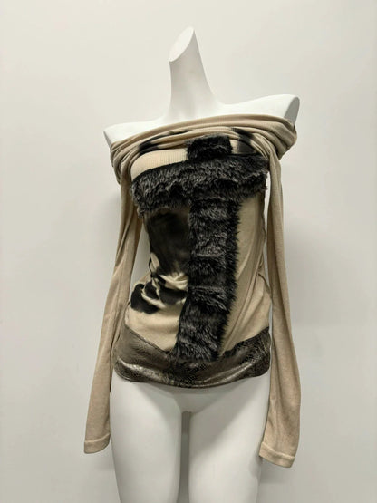 Shibuya One-Shoulder Subculture Gothic Rock Punk Y2K Dark-Style Long Sleeve Top