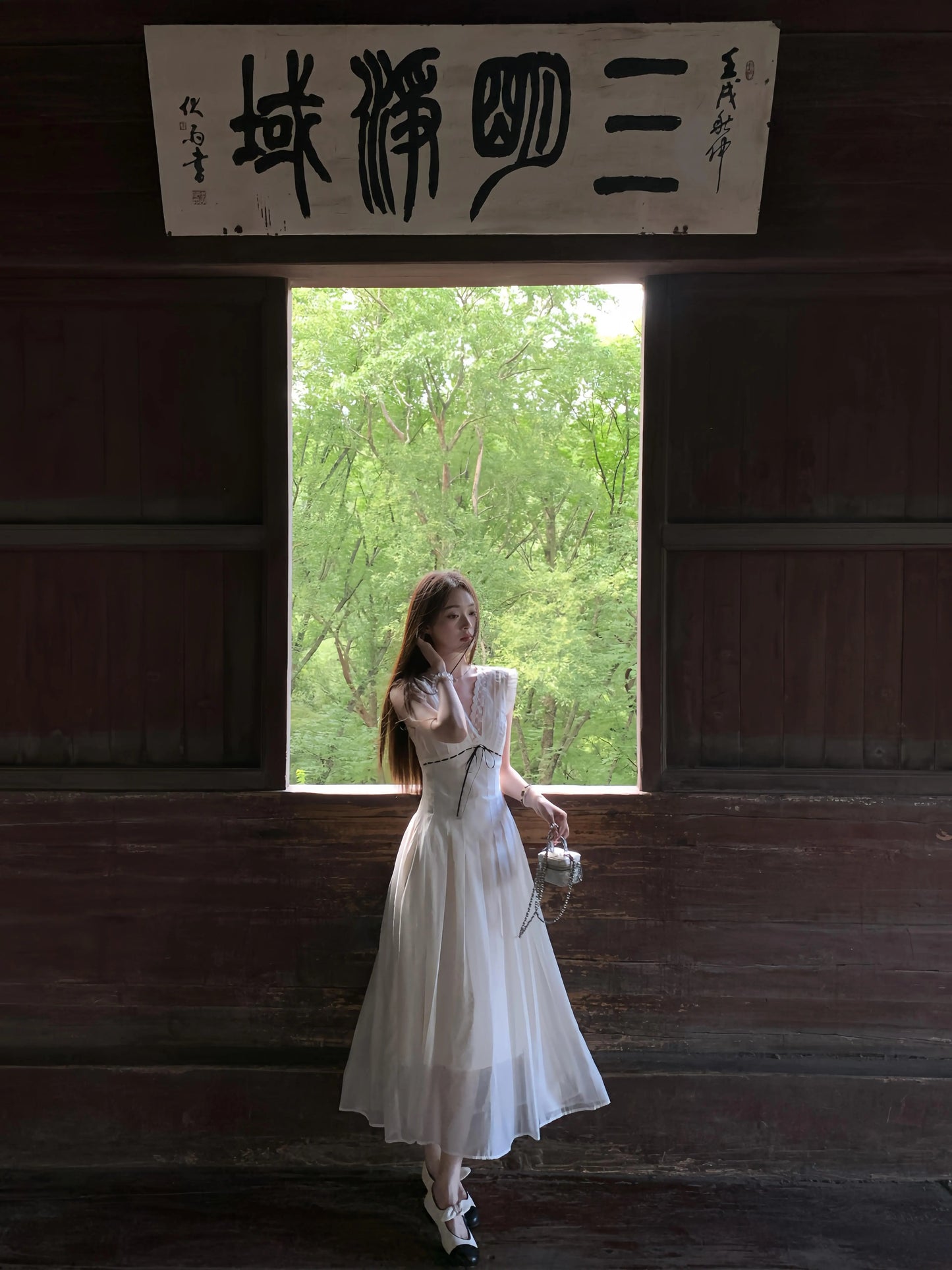 Handcrafted Lace-Paneled V-Neck Sleeveless Tencel Maxi Dress