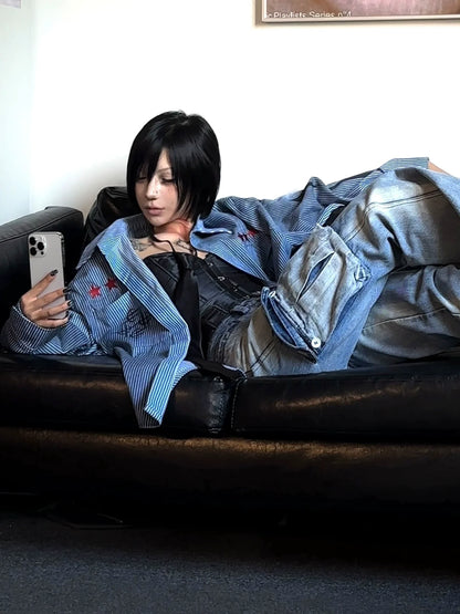 Y2K Distressed Striped Long Sleeve Shirt