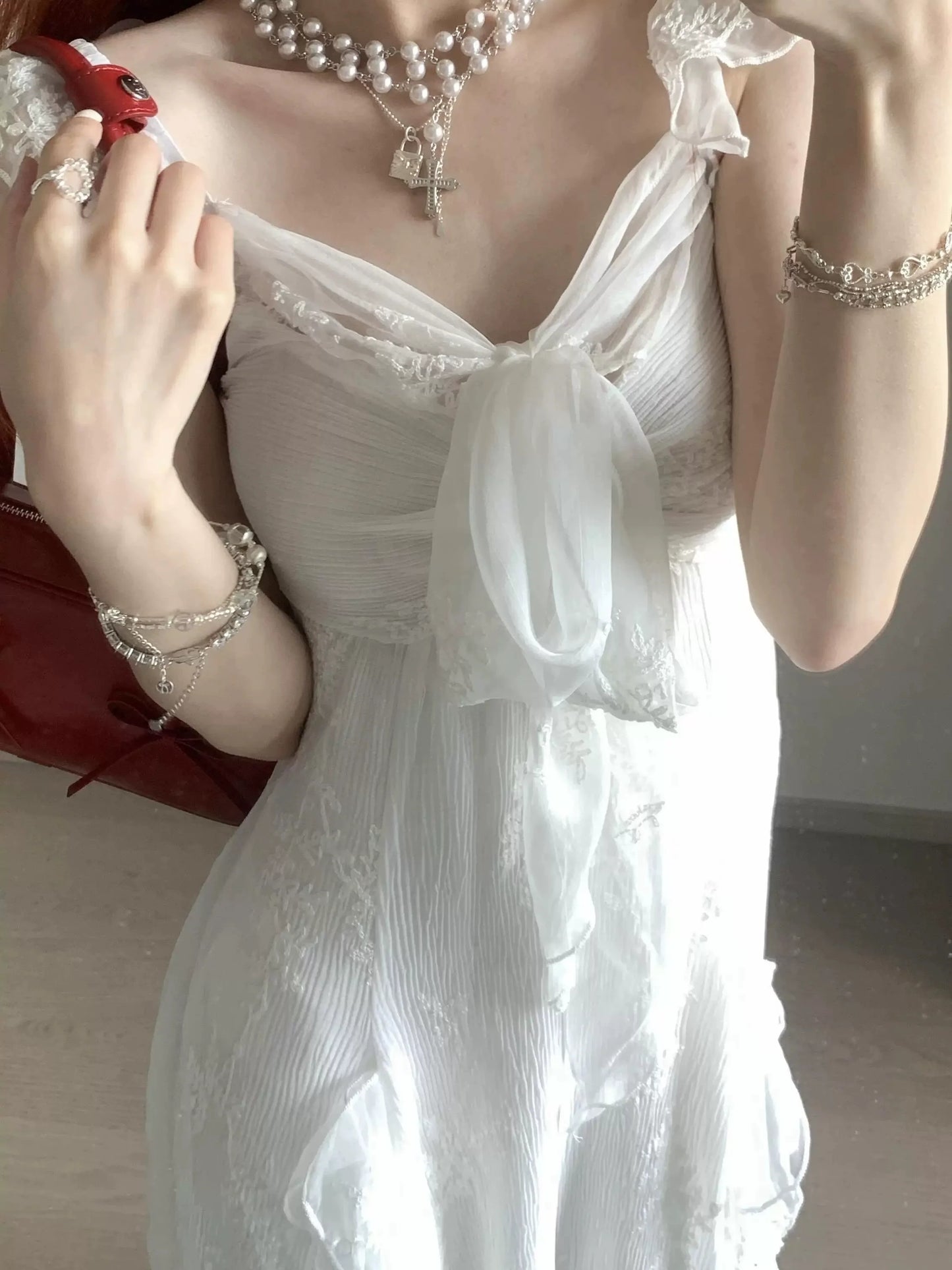 French-Inspired White Sheer Tulle Camisole Maxi Dress