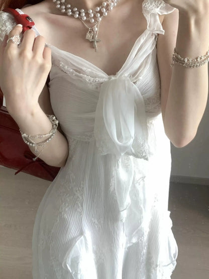 French-Inspired White Sheer Tulle Camisole Maxi Dress