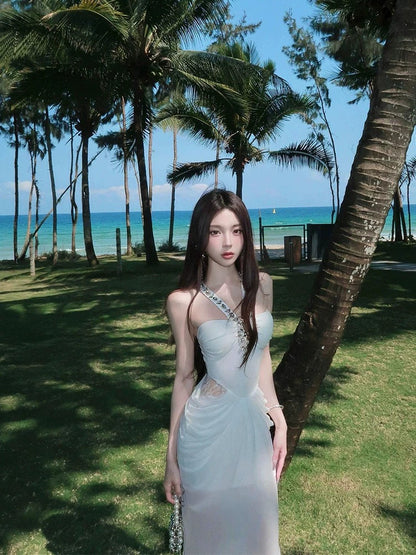 French High-End Rhinestone-Embellished Halter Mermaid Dress