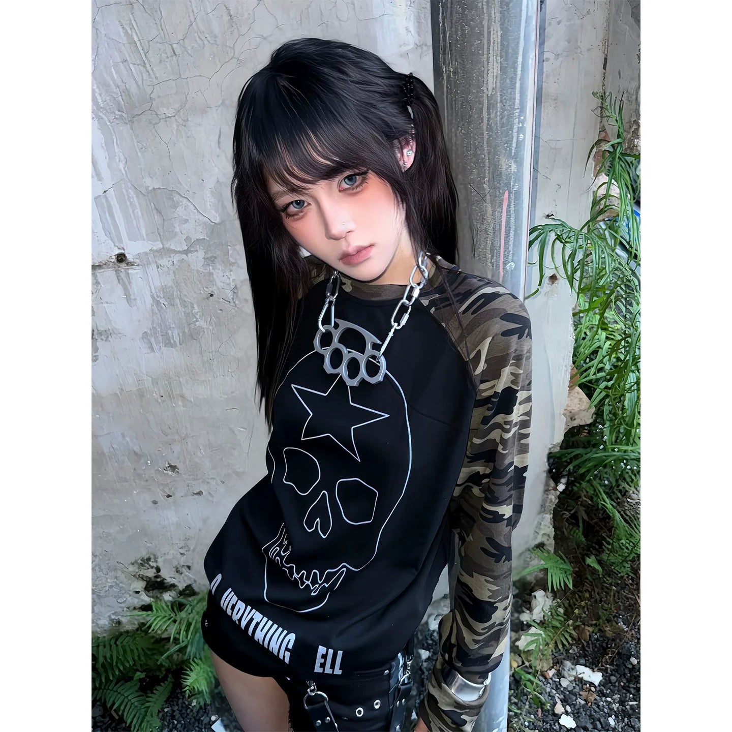 Y2K Camo Skull Long Sleeve Tee Vintage Millennium Alt Top