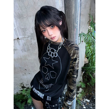 Y2K Camo Skull Long Sleeve Tee Vintage Millennium Alt Top