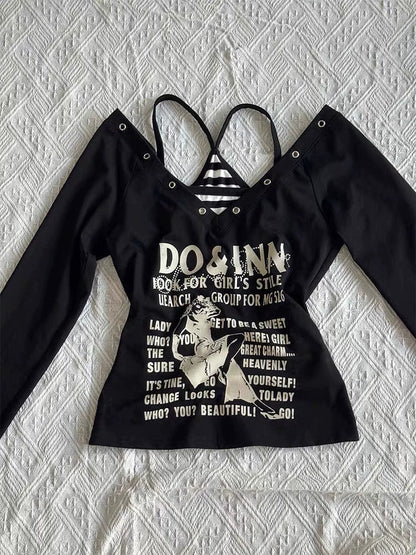 Black Long-Sleeve and Stripe Camisole Y2K Two Pieces Sets