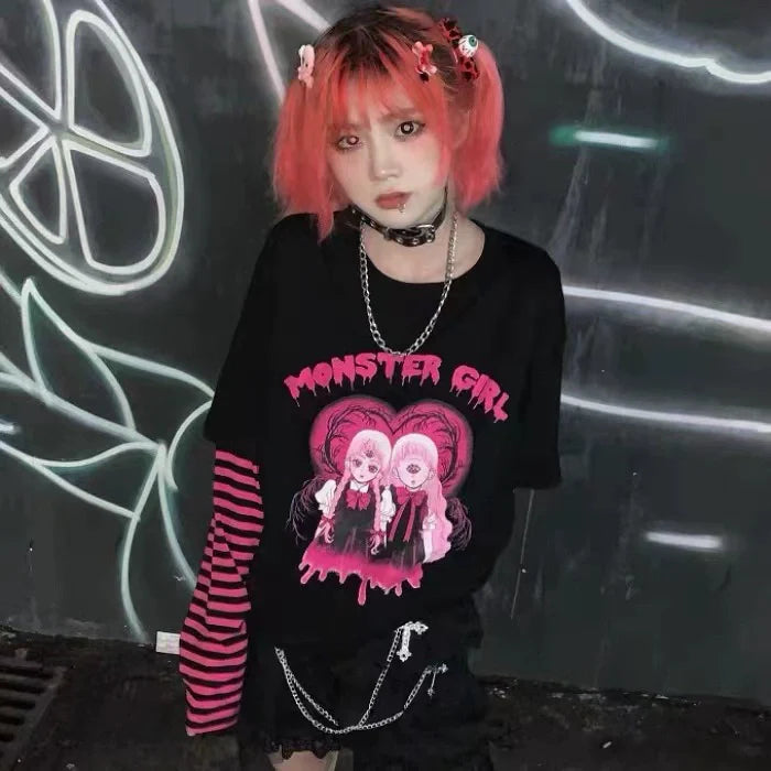 Black Subculture Punk Y2K E-girl Harajuku Manga Print Fake Two-Piece Oversized Top