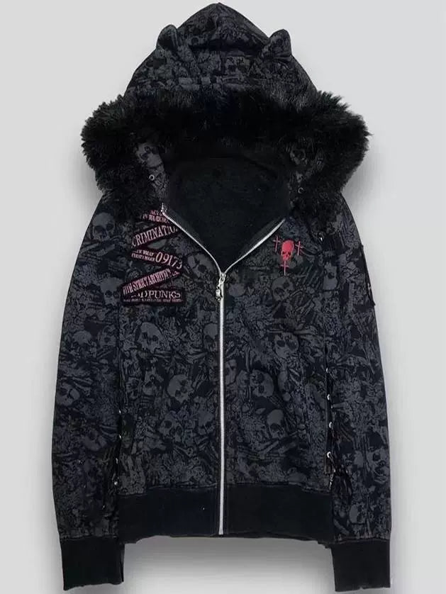 All-Over Skull Print Cat-Ear Hoodie Subculture Gothic Rock Punk Y2K Shibuya Girl Fur-Collar Jacket